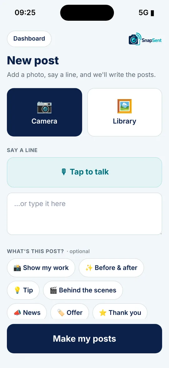 The SnapSent capture screen on a phone